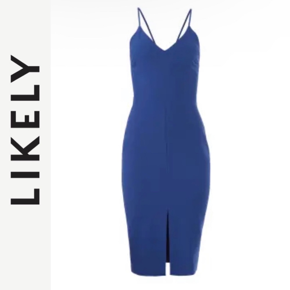 LIKELY Brooklyn Cocktail Dress Blue Midi Bodycon Strappy Sexy Front Slit Revolve - Picture 5 of 16